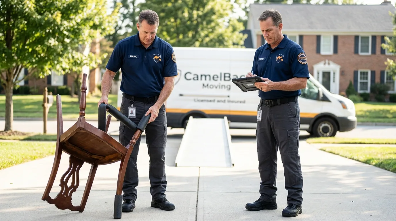 Movers inspecting furniture for damage prevention before loading in Pageland, SC
