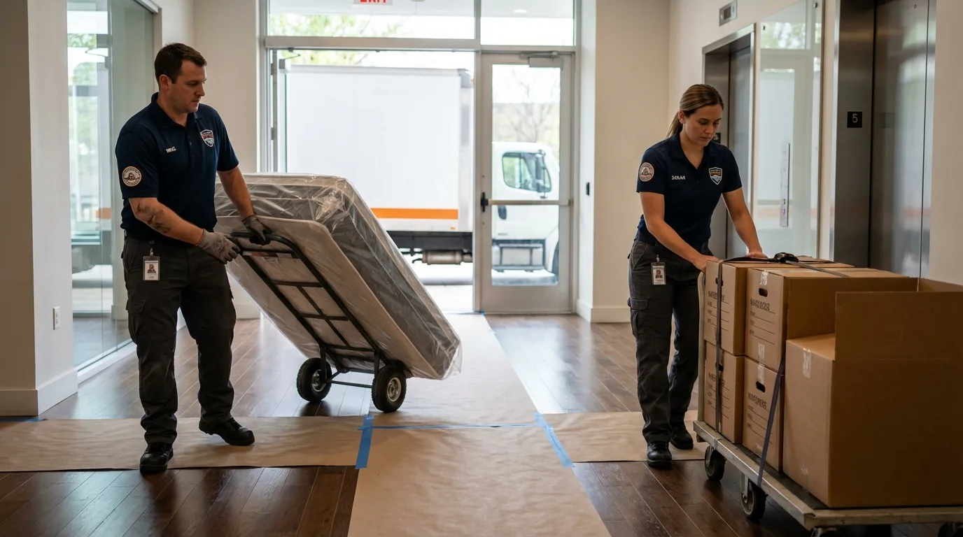 Professional apartment movers loading elevator in Pageland, SC