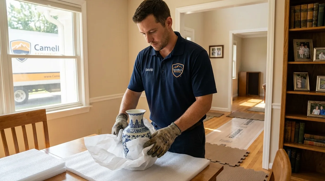 Professional crew carefully wrapping antique vase for senior downsizing move in Pageland, SC